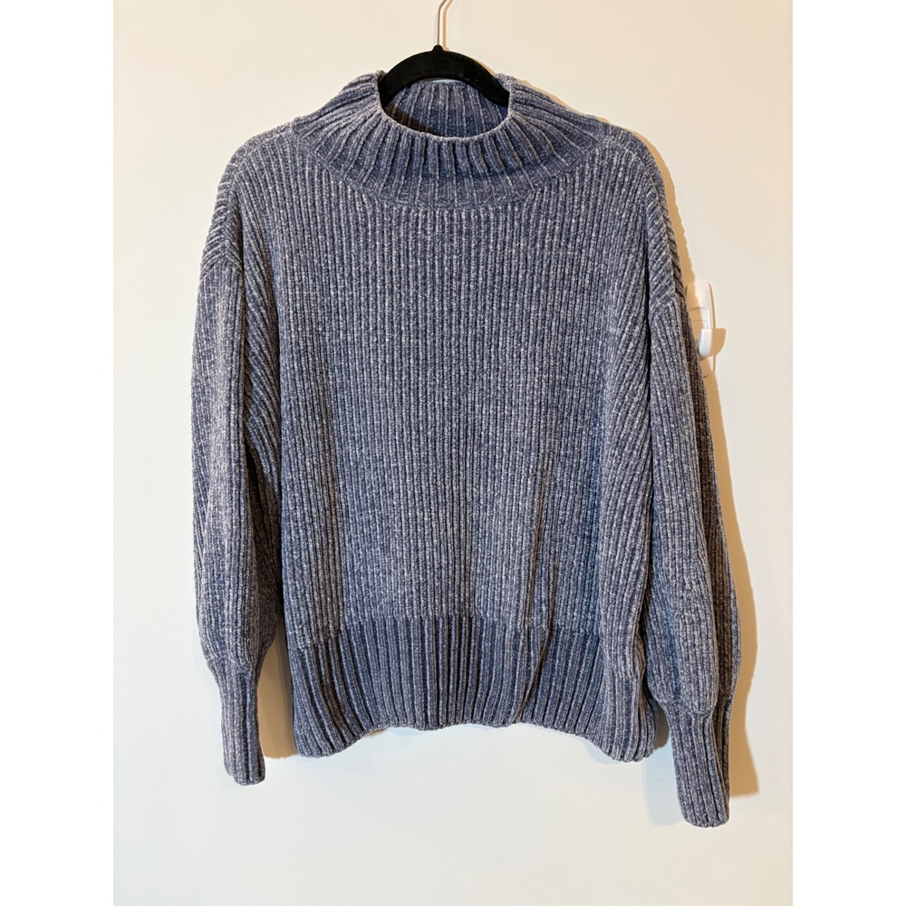 Cynthia Rowley Blue Chenille Mock Neck Ribbed Sweater Size Large Balloon Sleeve